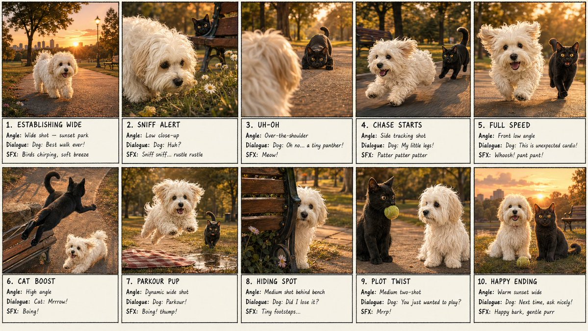 产品视觉 GPT Image 2 提示词：10-Panel Dog and Cat Park Storyboard