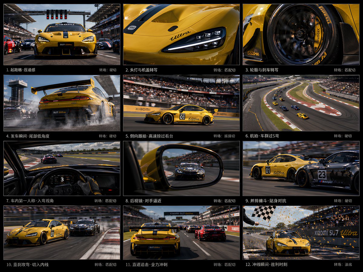产品视觉 GPT Image 2 提示词：12-Panel Racing Storyboard Sheet