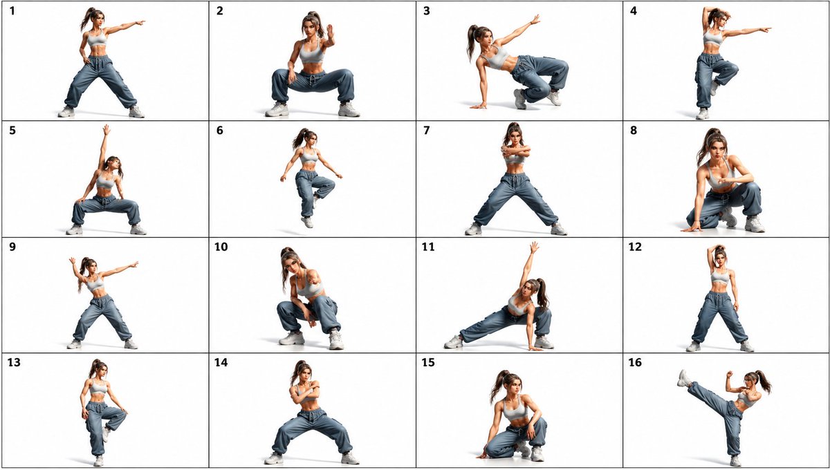 产品视觉 GPT Image 2 提示词：16-Panel Dance Pose Reference Sheet