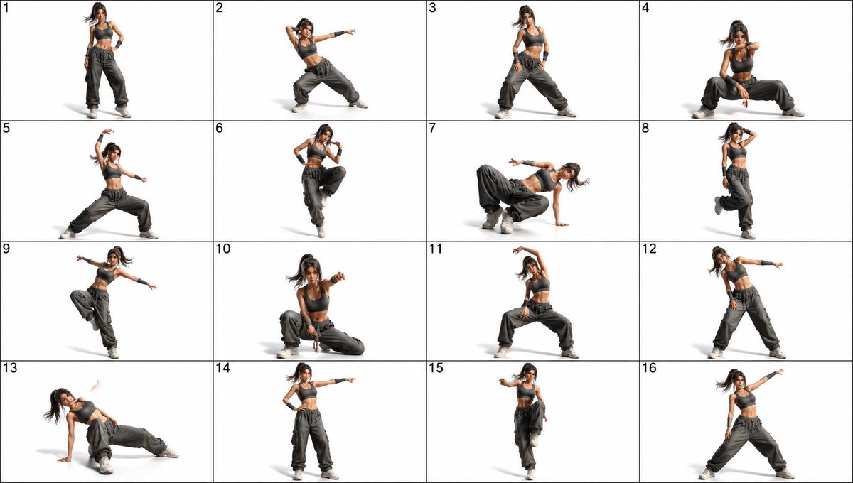 产品视觉 GPT Image 2 提示词：16-Panel Female Dance Pose Sheet