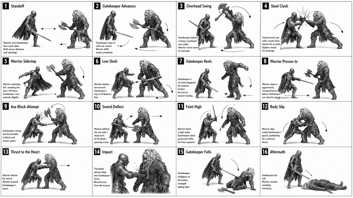 产品视觉 GPT Image 2 提示词：16-Panel Medieval Duel Storyboard