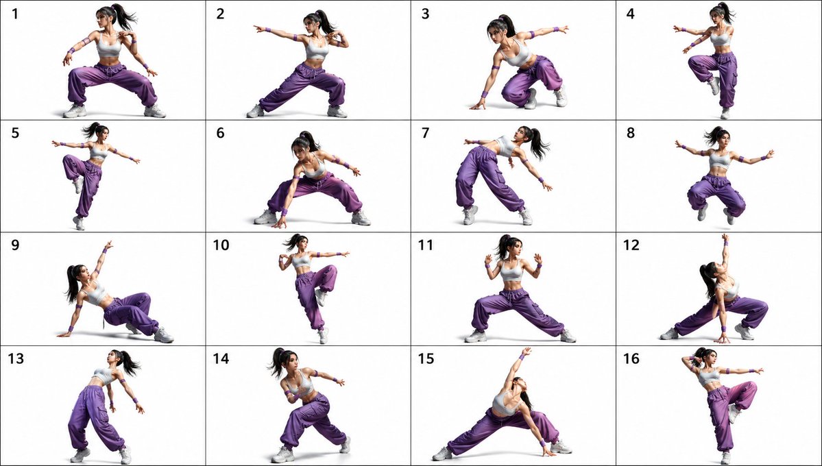 产品视觉 GPT Image 2 提示词：16-Pose Dance Combat Reference Sheet