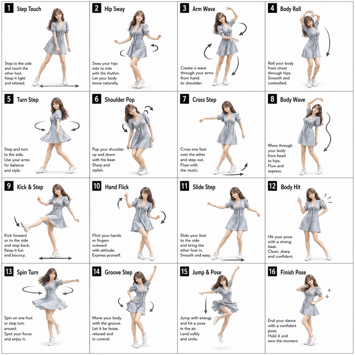 产品视觉 GPT Image 2 提示词：16-Pose Dance Instruction Sheet