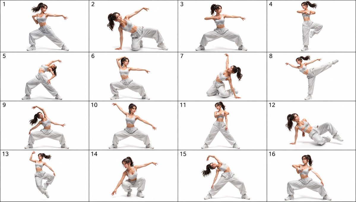 产品视觉 GPT Image 2 提示词：16-Pose Dance Reference Sheet