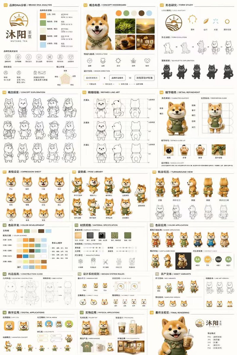 产品视觉 GPT Image 2 提示词：18-Panel Mascot Brand Identity Document