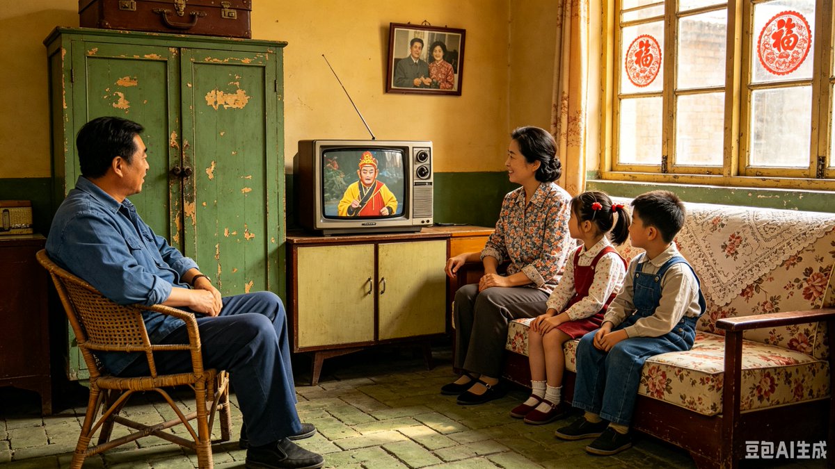 界面稿 GPT Image 2 提示词：1980s Chinese Family Watching TV