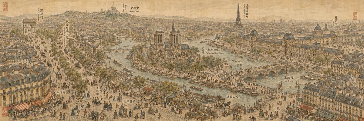 创意灵感 GPT Image 2 提示词：19th Century Paris in Chinese Ink Style