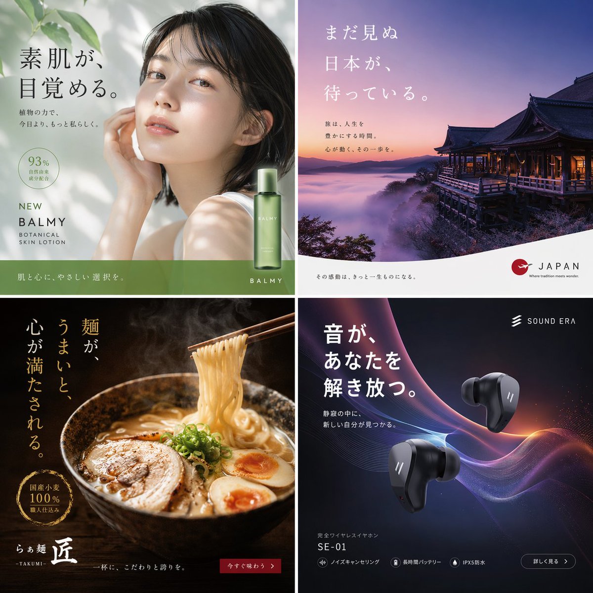 产品视觉 GPT Image 2 提示词：2x2 Japanese Advertisement Grid