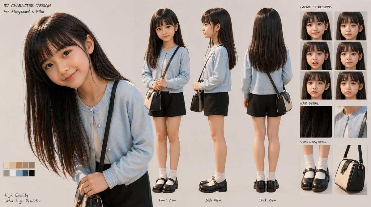 产品视觉 GPT Image 2 提示词：3D Schoolgirl Character Design Sheet