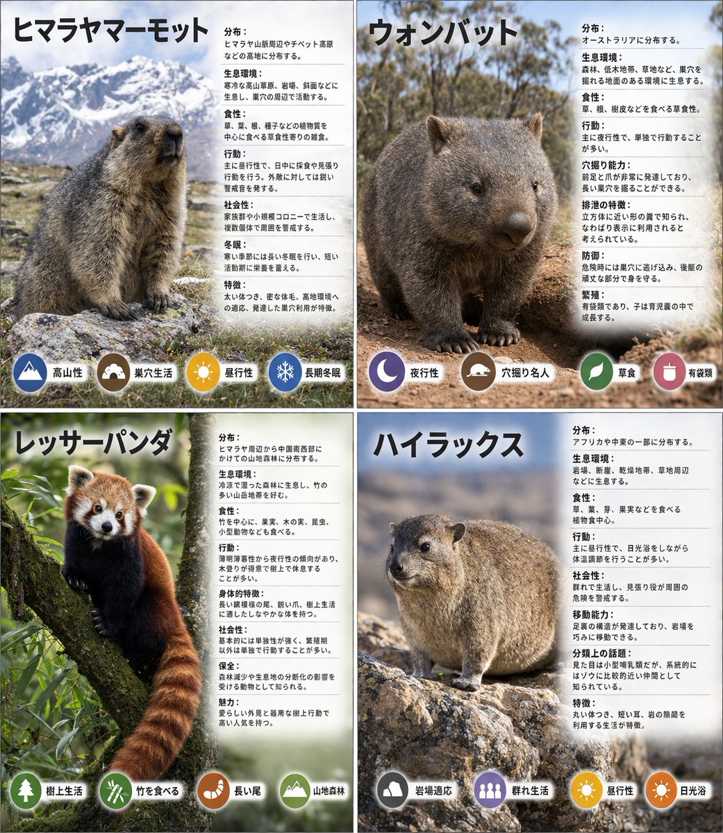 产品视觉 GPT Image 2 提示词：4-Panel Animal Infographic Grid