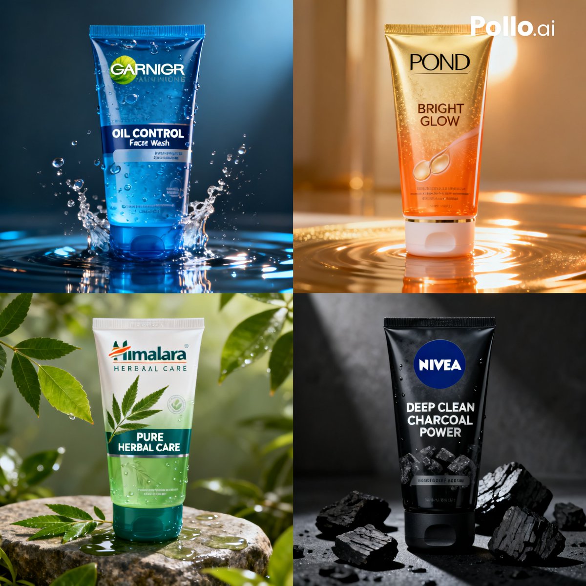 产品视觉 GPT Image 2 提示词：4-Panel Face Wash Ad Grid