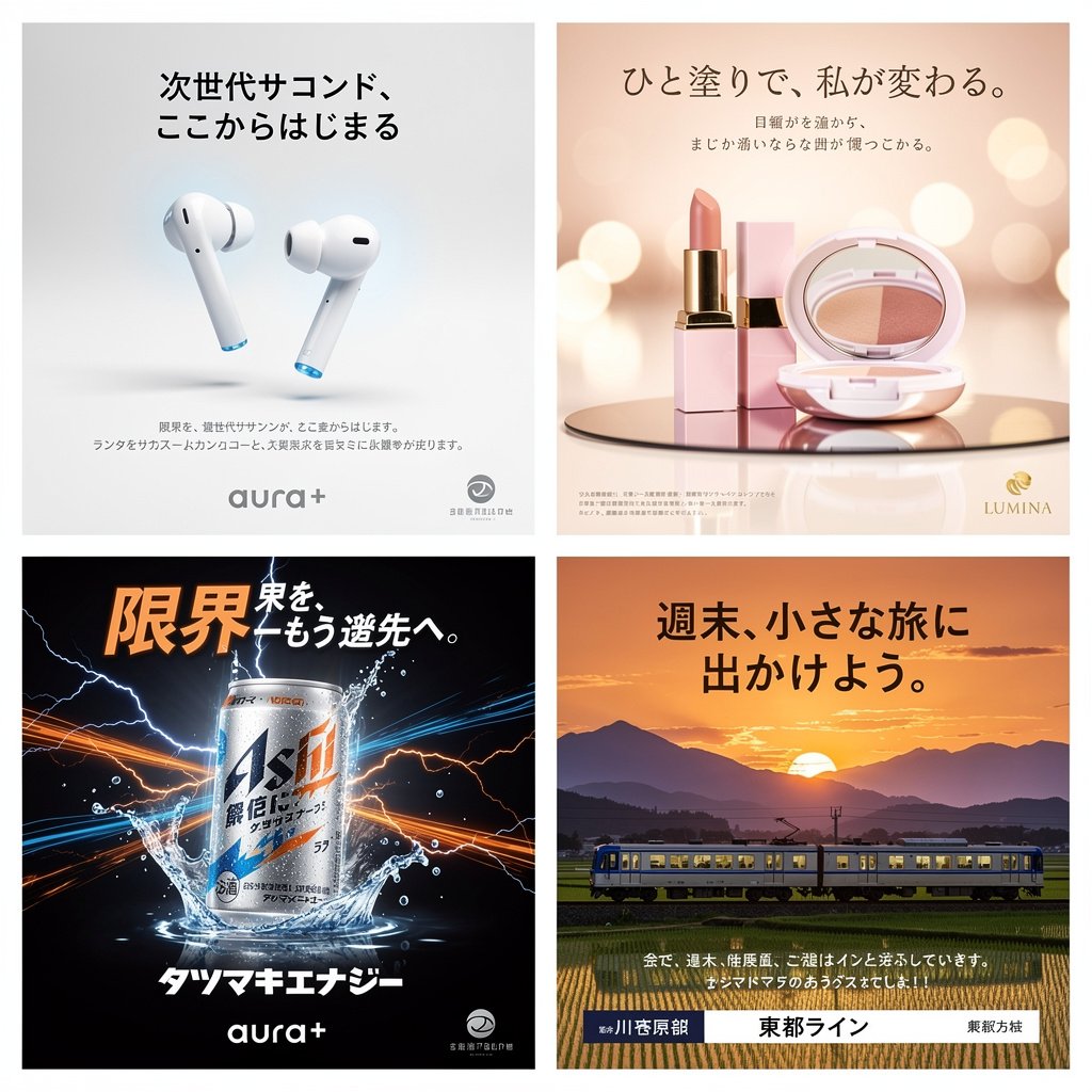 产品视觉 GPT Image 2 提示词：4-Panel Japanese Advertising Concept Grid