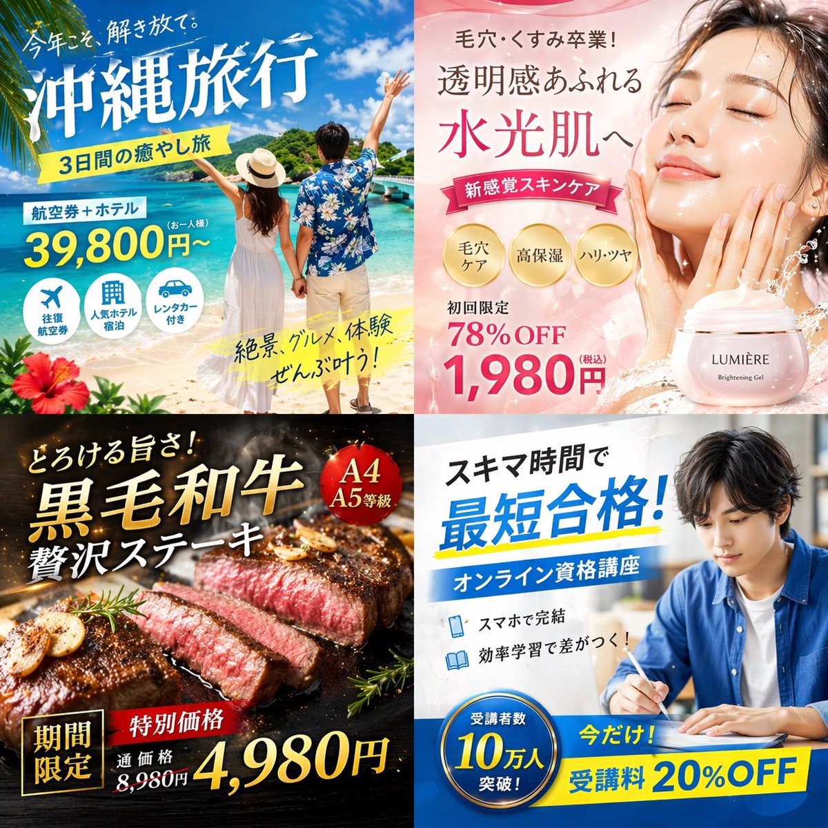 产品视觉 GPT Image 2 提示词：4-Panel Japanese Digital Ad Banner Grid