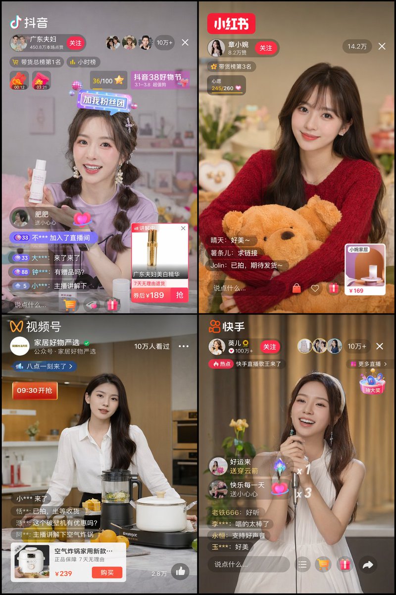 产品视觉 GPT Image 2 提示词：4-Panel Live Streaming App UI Mockup