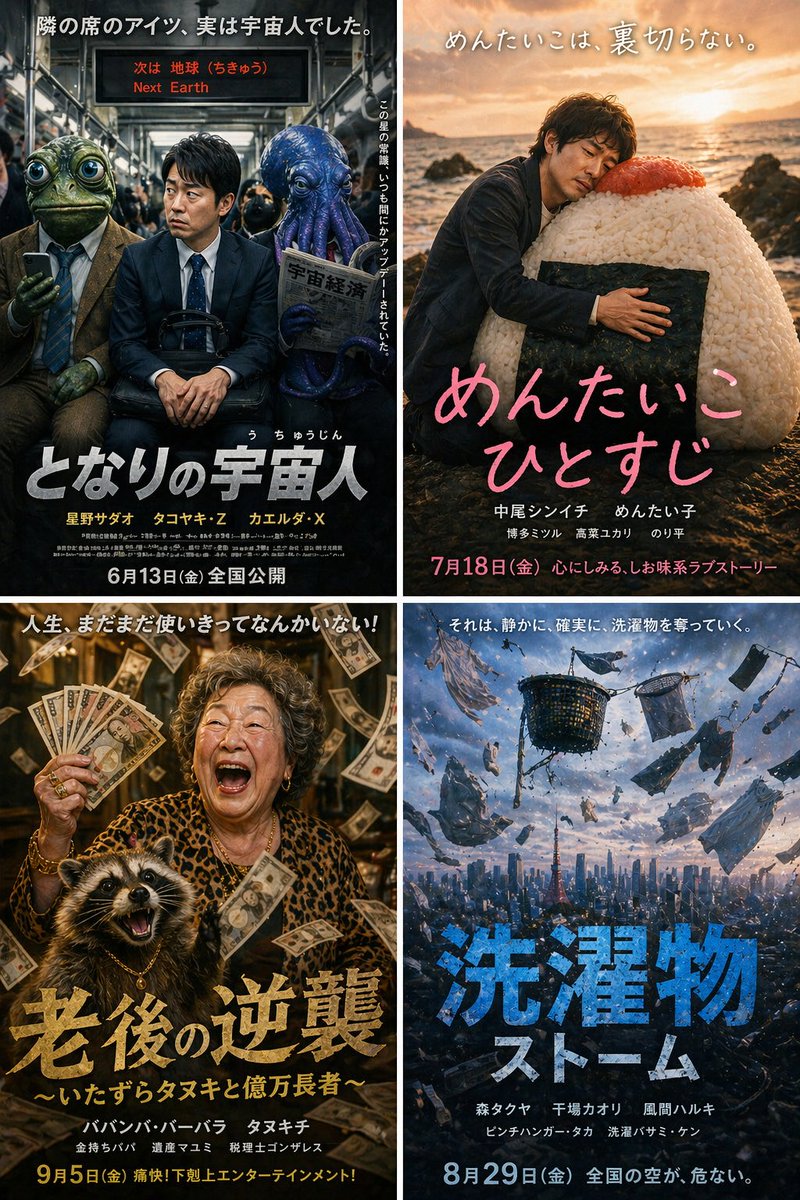 产品视觉 GPT Image 2 提示词：4-Panel Parody Movie Poster Grid