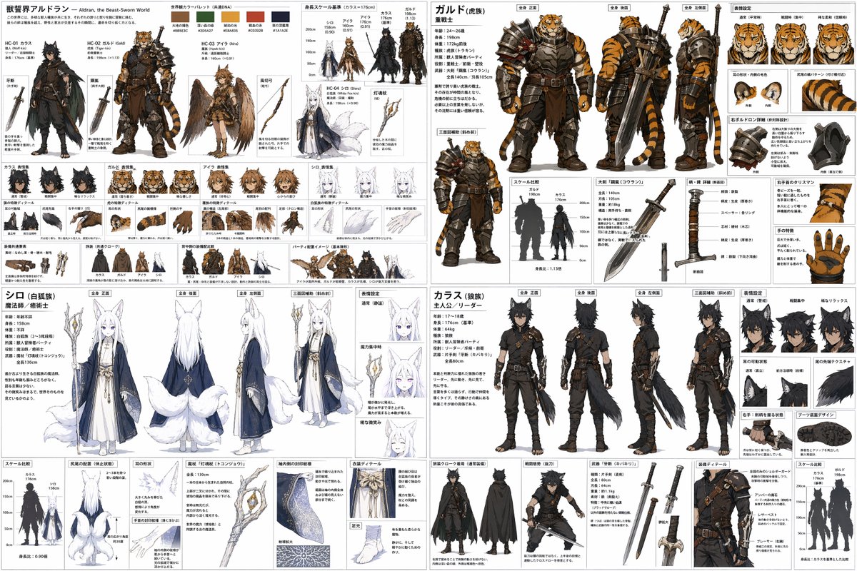 界面稿 GPT Image 2 提示词：4-Quadrant RPG Character Design Sheet