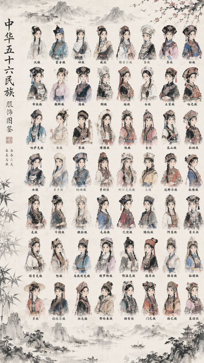 信息图 GPT Image 2 提示词：56 Chinese Ethnic Groups Clothing Chart
