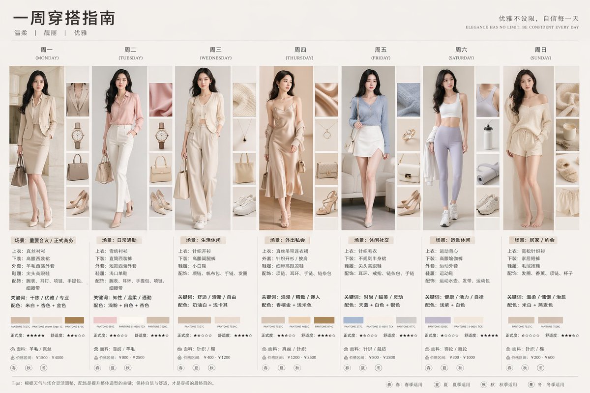 信息图 GPT Image 2 提示词：7-Day Fashion Lookbook Infographic
