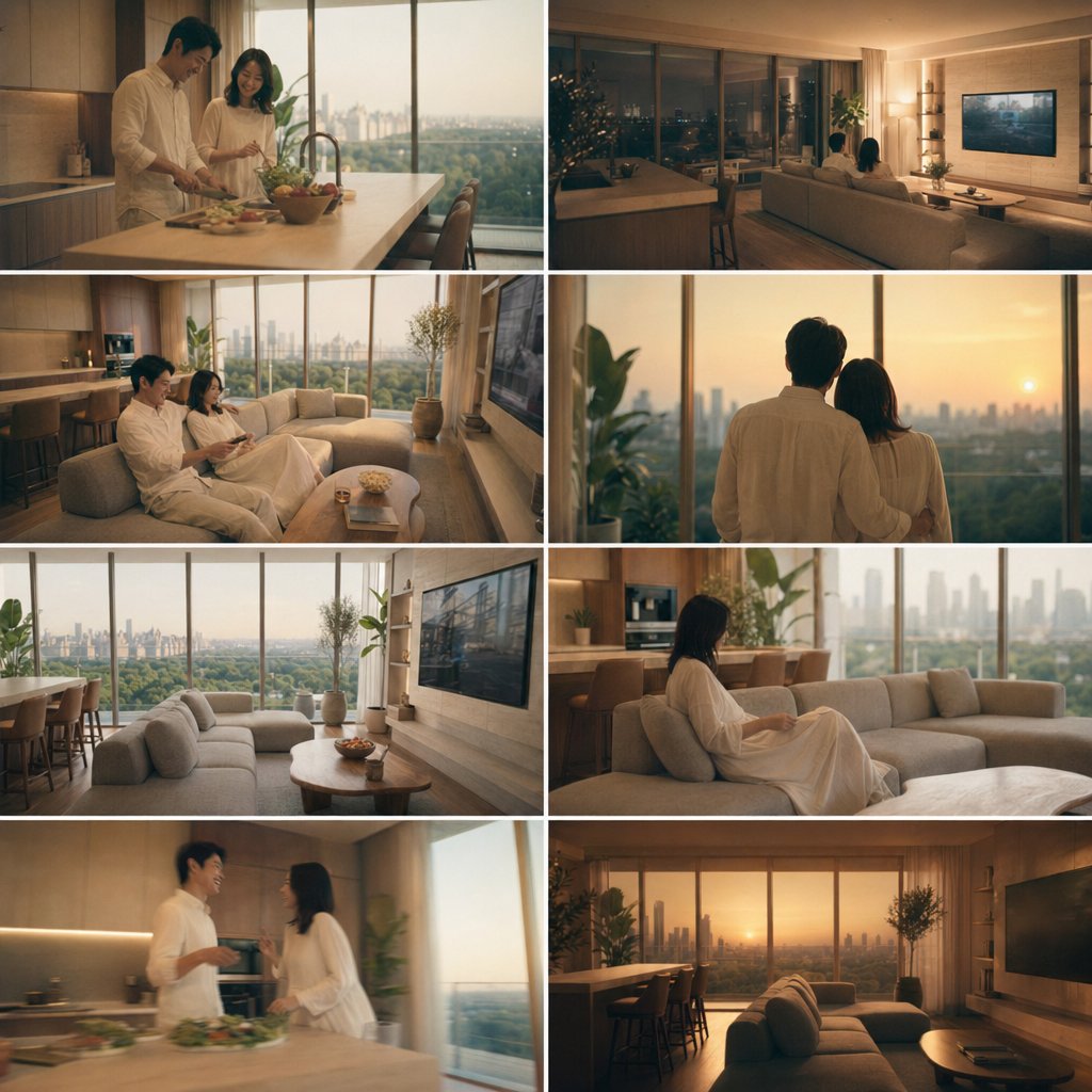 界面稿 GPT Image 2 提示词：8-Panel Luxury Apartment Couple Collage