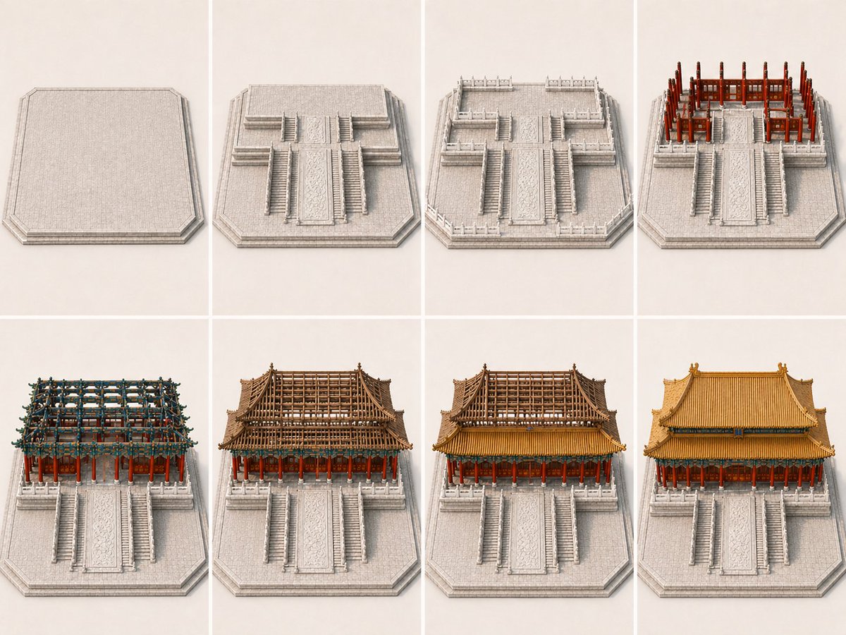 产品视觉 GPT Image 2 提示词：8-Panel Palace Hall Construction Board