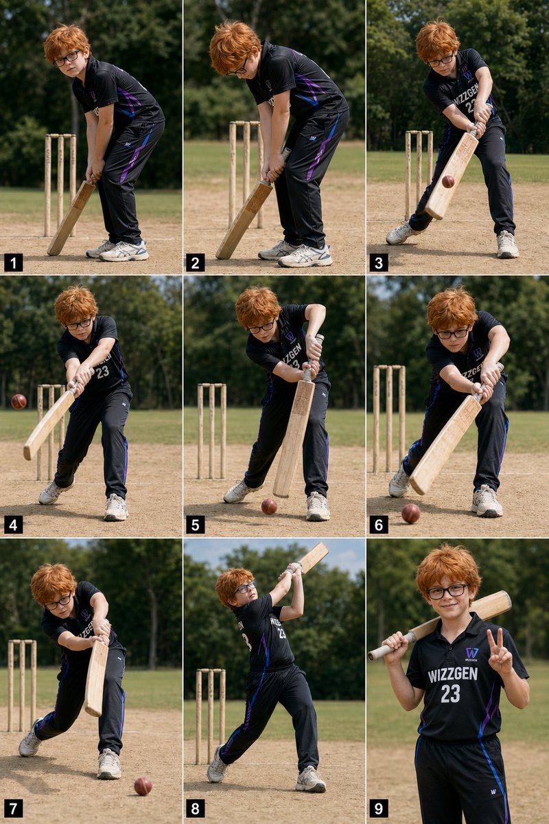 产品视觉 GPT Image 2 提示词：9-Panel Boy Cricket Action Collage