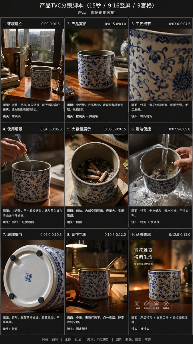 产品视觉 GPT Image 2 提示词：9-Panel Product TVC Storyboard
