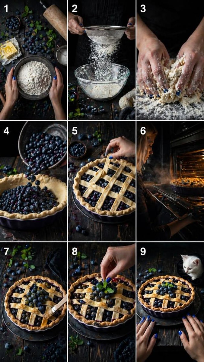 界面稿 GPT Image 2 提示词：9-Step Rustic Blueberry Pie Collage