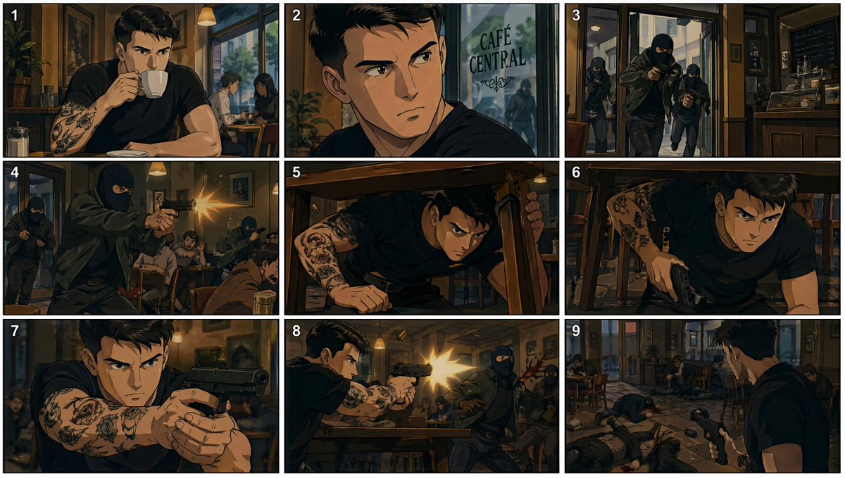 产品视觉 GPT Image 2 提示词：90s Anime Cafe Shootout Storyboard