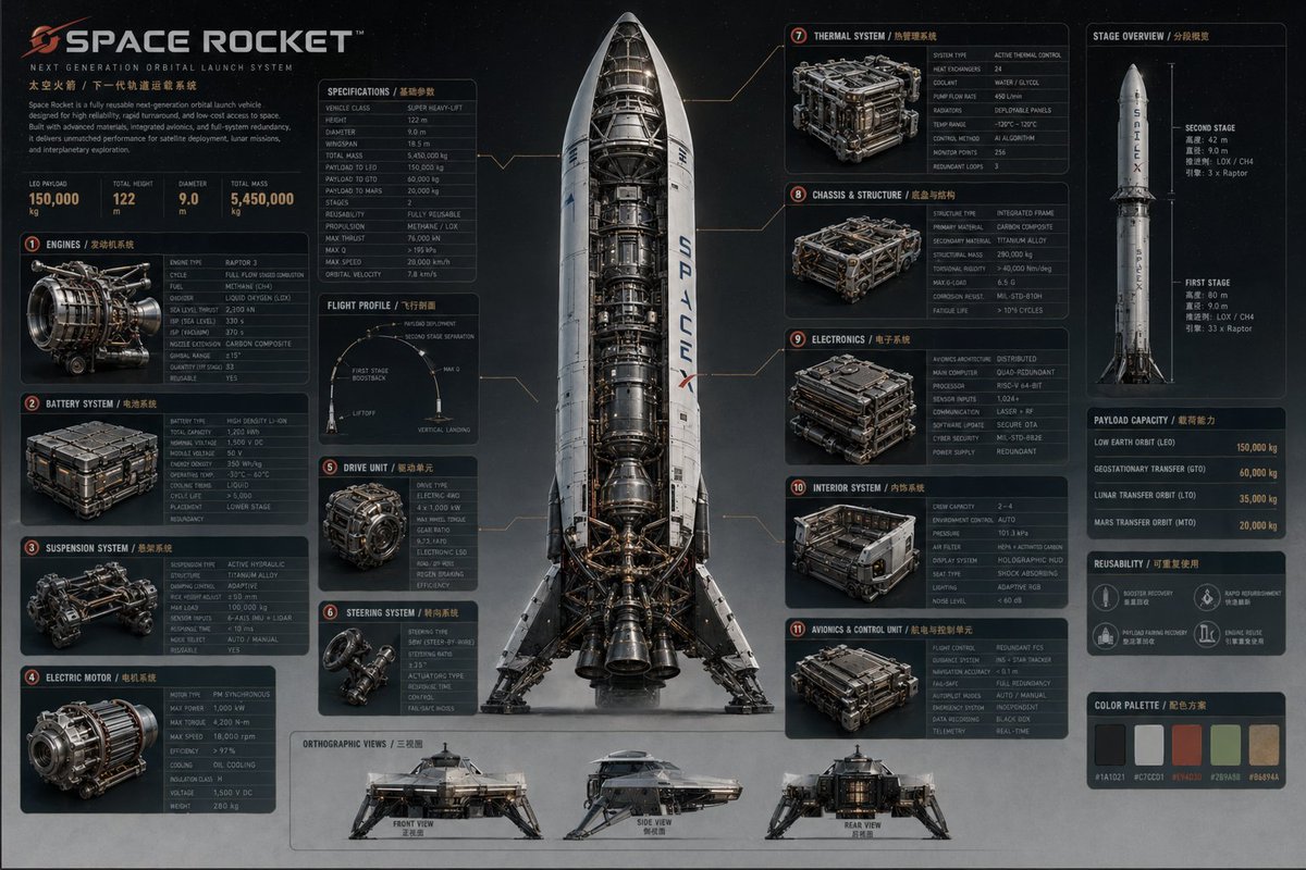 产品视觉 GPT Image 2 提示词：Advanced Technical Space Rocket Poster