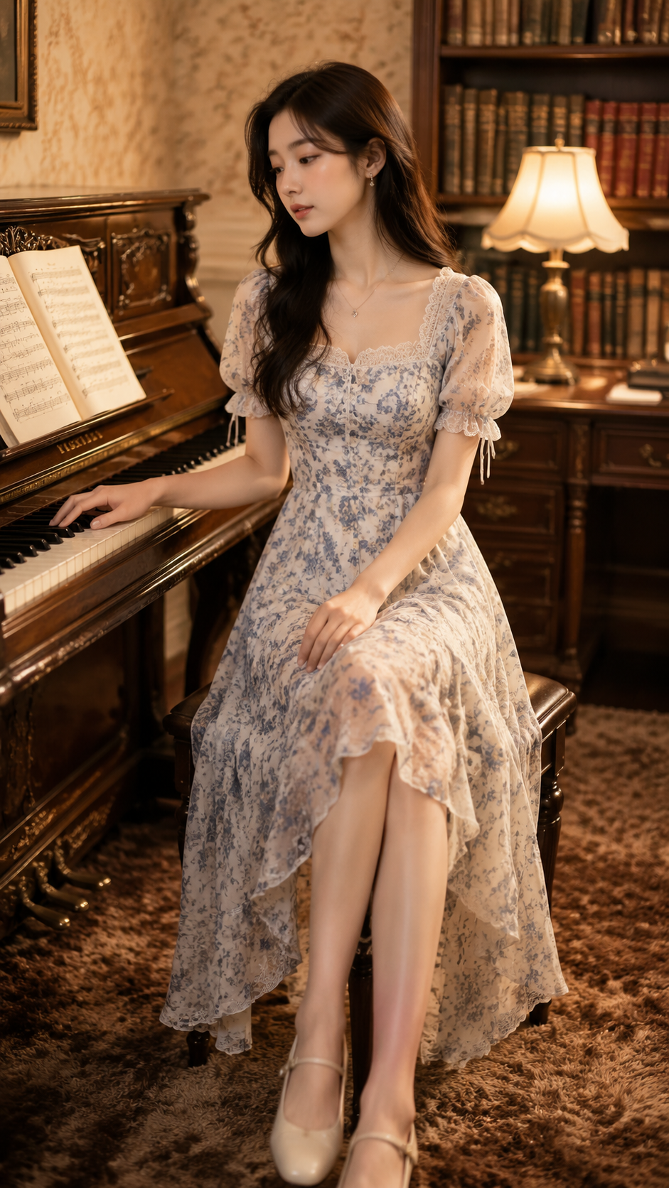 女装穿搭 GPT Image 2 提示词：法式优雅钢琴写真 AI 女装提示词