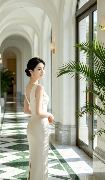 女装穿搭 GPT Image 2 提示词：酒店走廊法式慵懒 AI 女装提示词