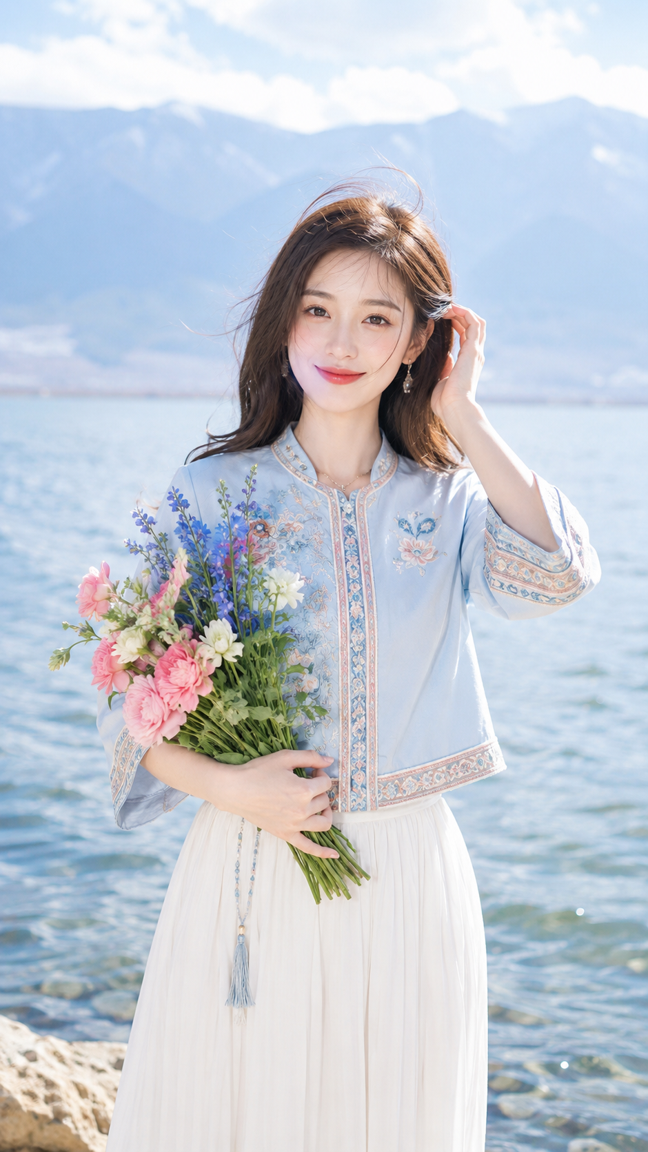 女装穿搭 GPT Image 2 提示词：洱海边的少女写真 AI 女装提示词