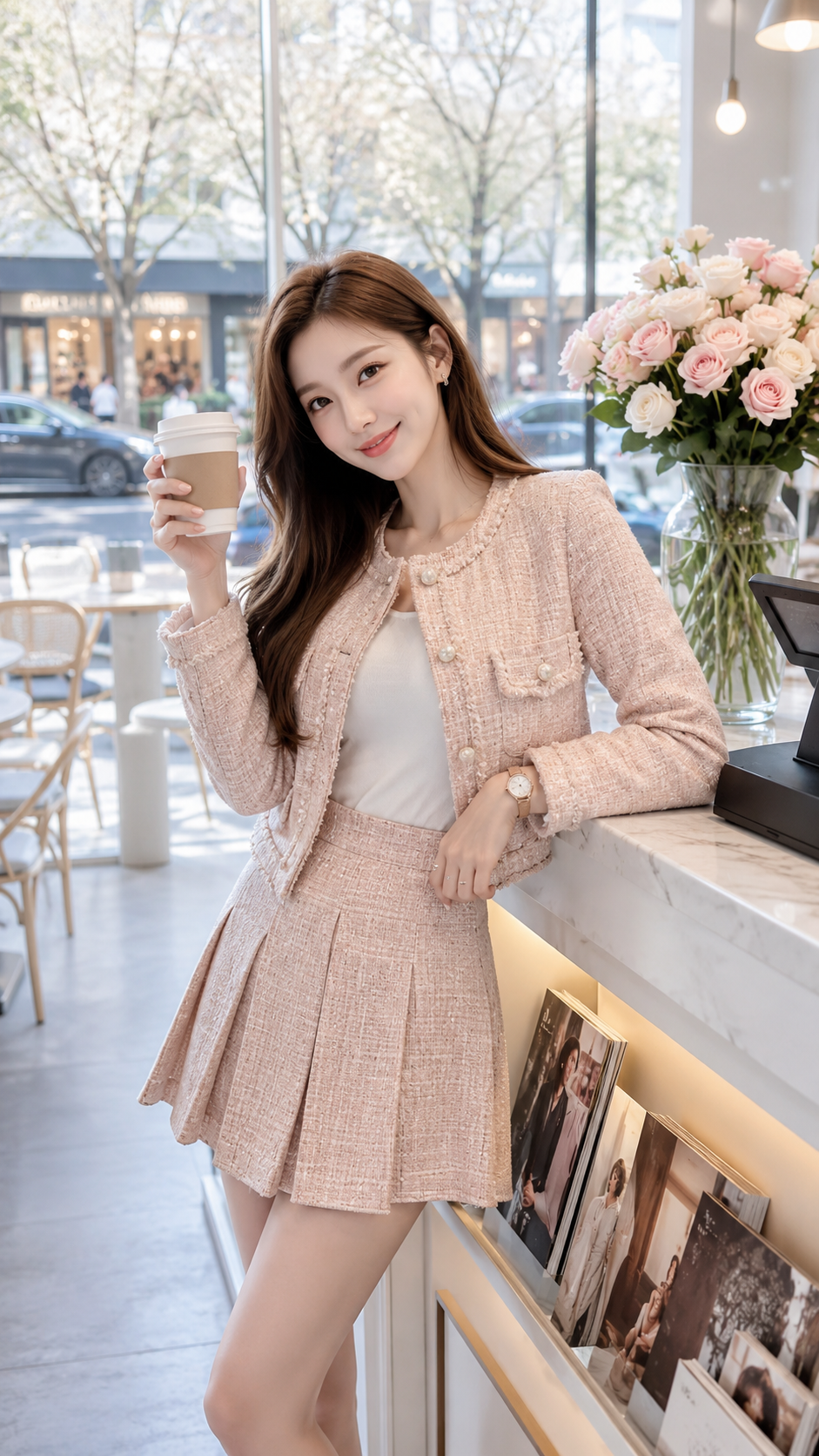 女装穿搭 GPT Image 2 提示词：咖啡店氛围感美女写真 AI 女装提示词