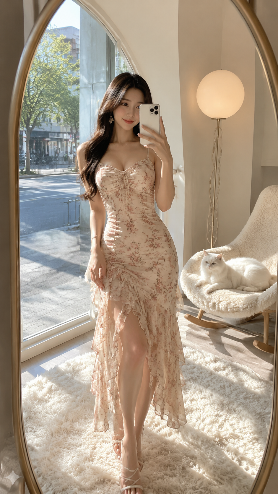 女装穿搭 GPT Image 2 提示词：落地窗自拍写真 AI 女装提示词