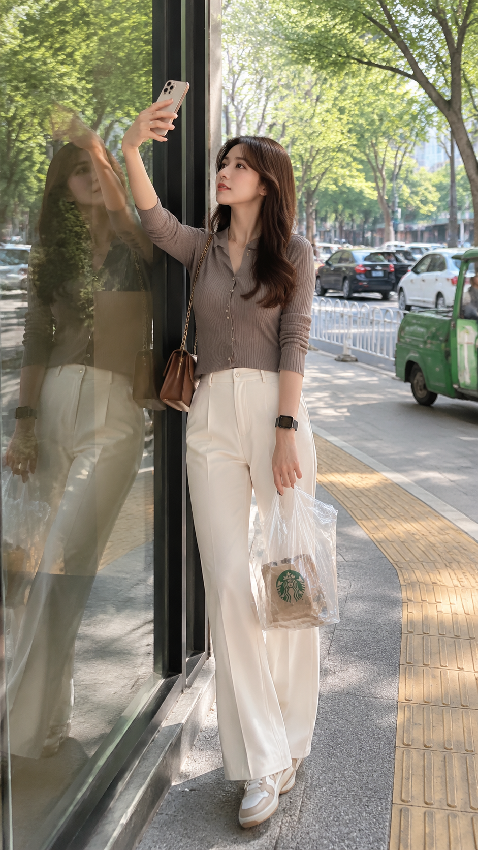 女装穿搭 GPT Image 2 提示词：玻璃自拍纪实写真 AI 女装提示词 2