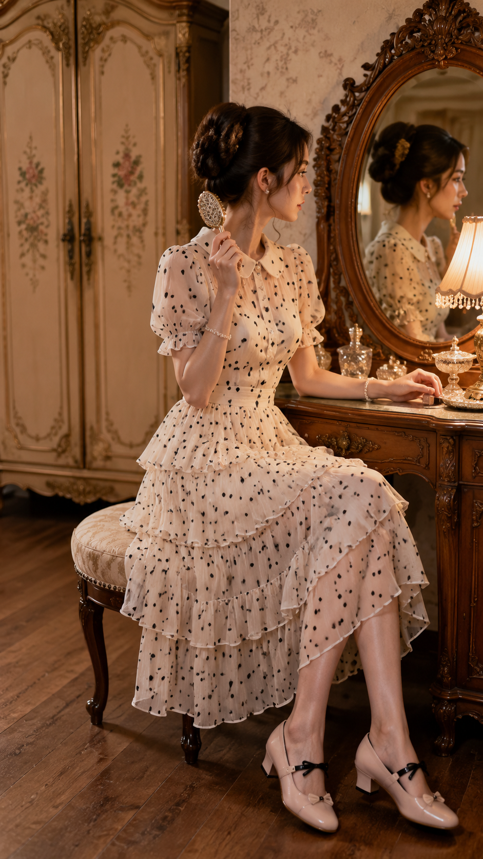 女装穿搭 GPT Image 2 提示词：复古少女梳妆写真 AI 女装提示词