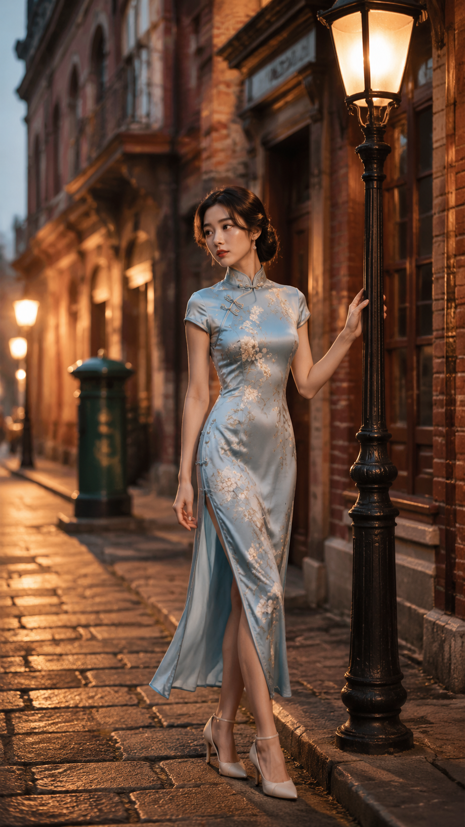 女装穿搭 GPT Image 2 提示词：复古街区里的民国旗袍大片 AI 女装提示词