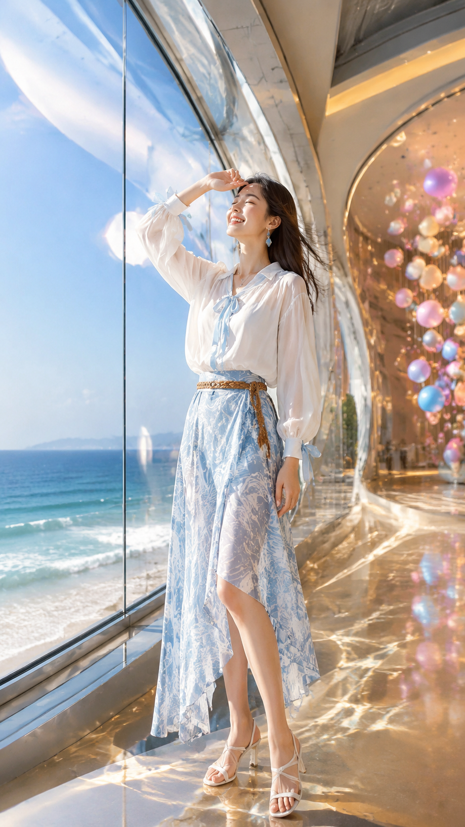 女装穿搭 GPT Image 2 提示词：海边艺术建筑度假风穿搭大片 AI 女装提示词