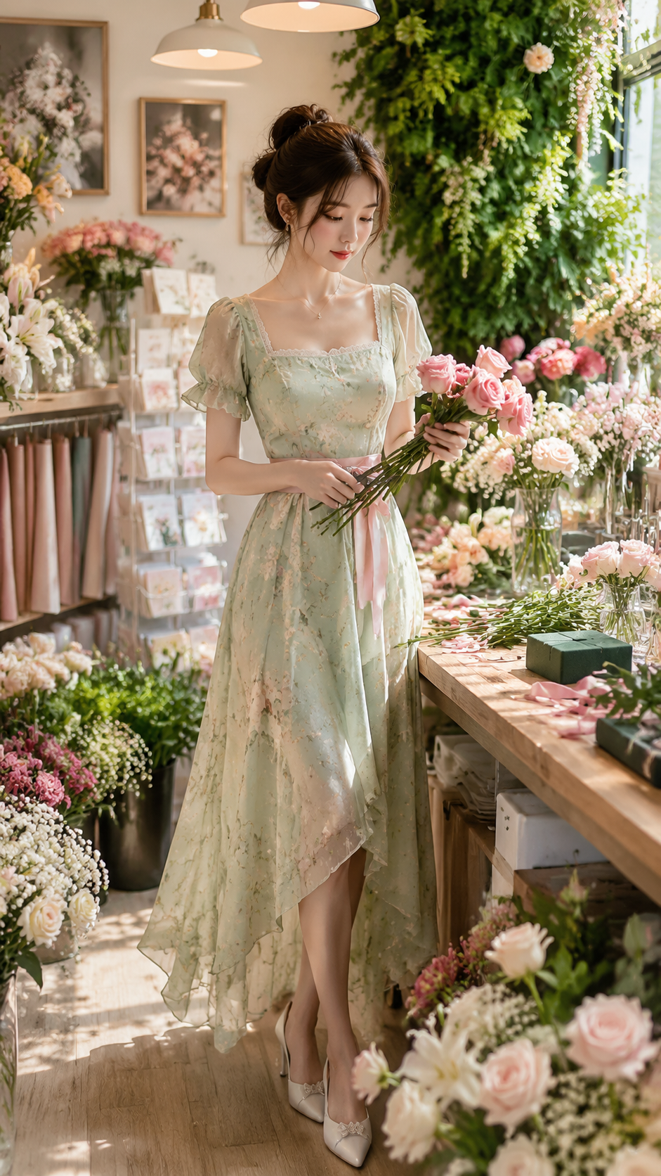 女装穿搭 GPT Image 2 提示词：花艺工作室穿搭大片 AI 女装提示词
