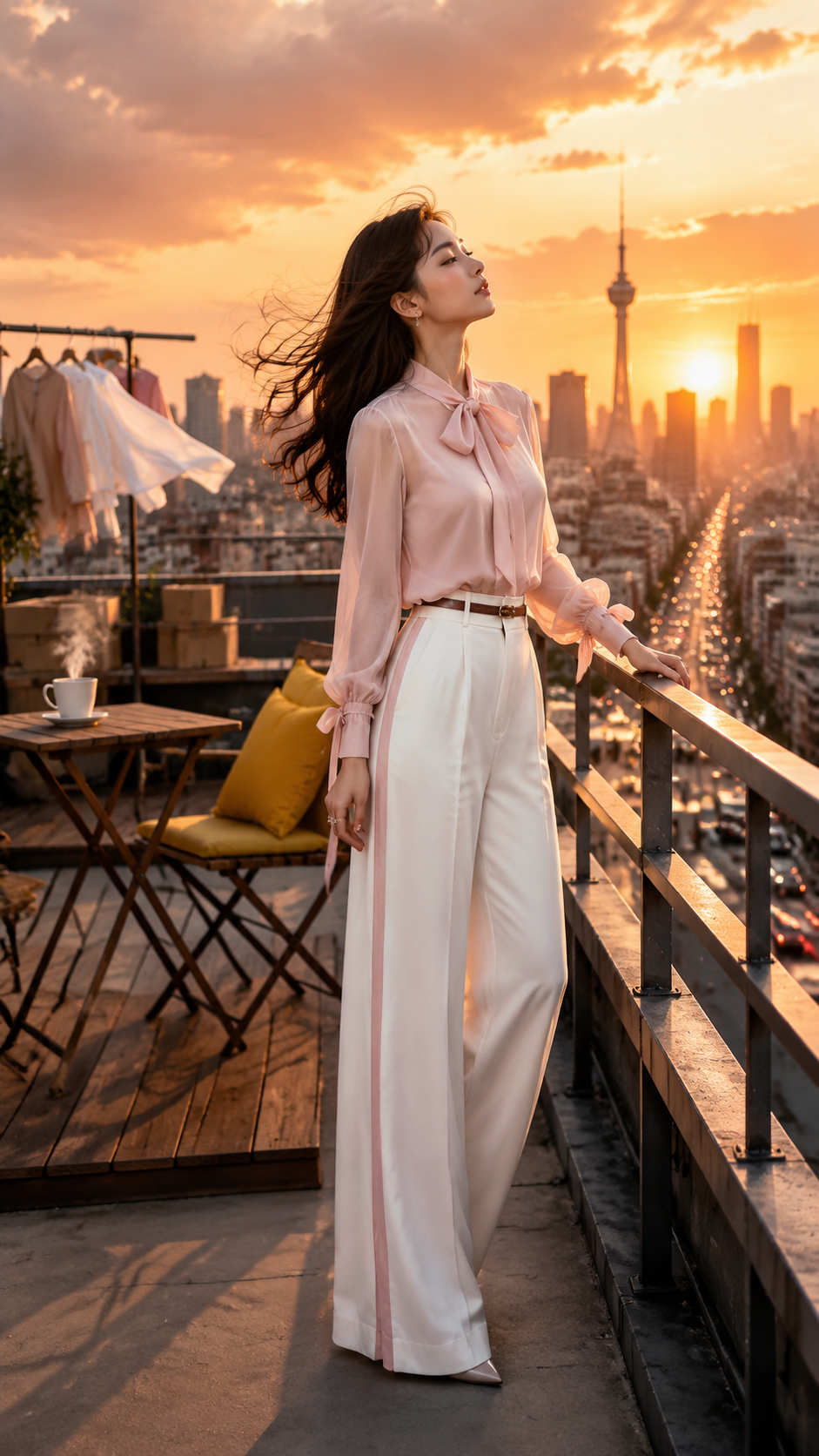 女装穿搭 GPT Image 2 提示词：城市天台优雅穿搭大片 AI 女装提示词