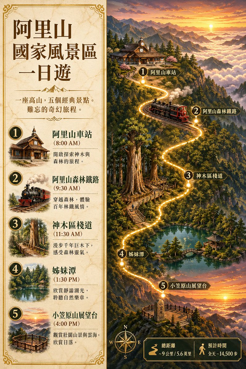 产品视觉 GPT Image 2 提示词：Alishan One-Day Travel Poster
