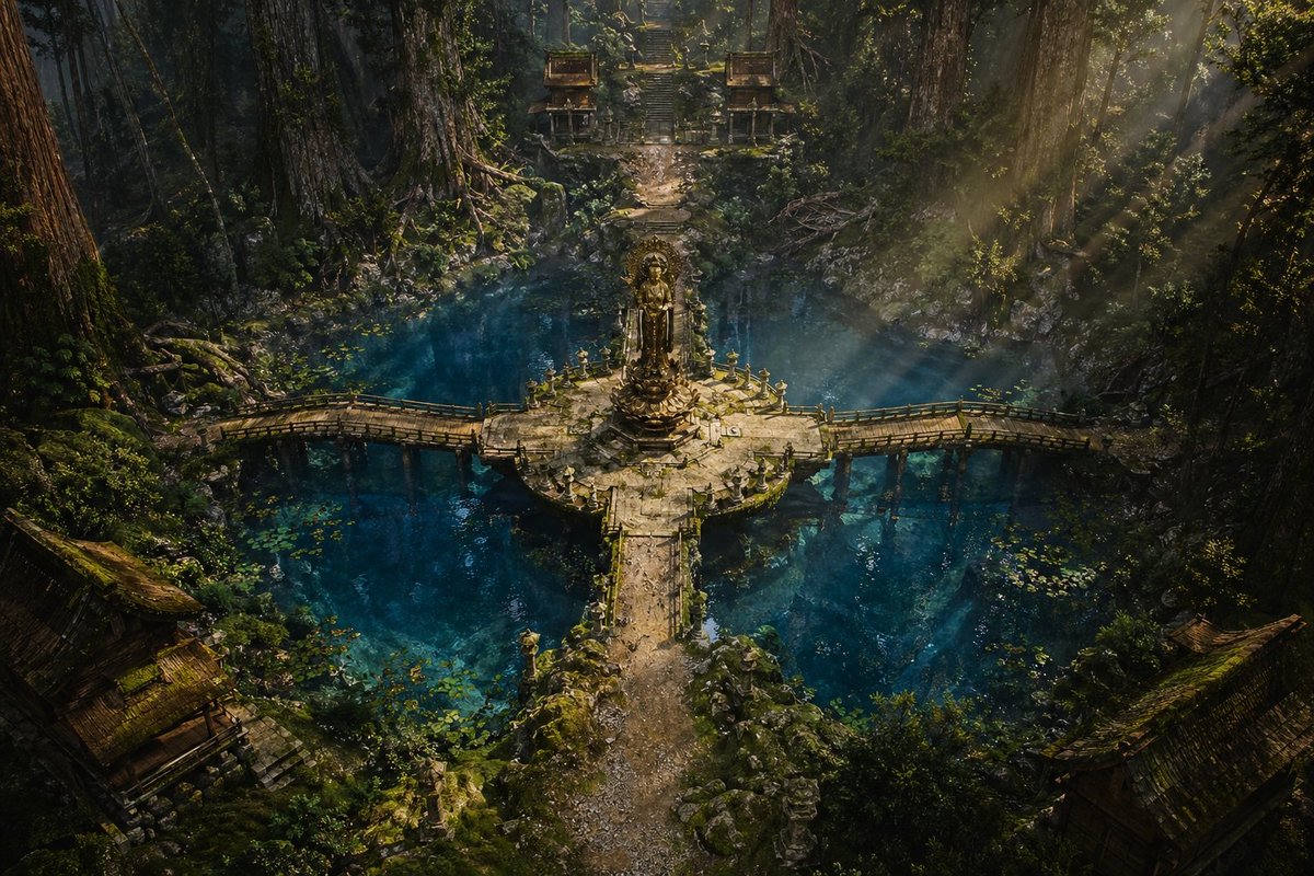 界面稿 GPT Image 2 提示词：Ancient Forest Shrine Over Blue Spring
