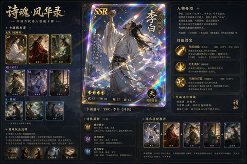 信息图 GPT Image 2 提示词：古风诗人镭射典藏卡牌
