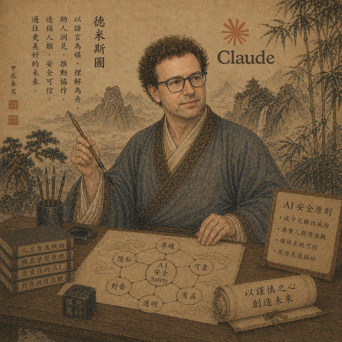 产品视觉 GPT Image 2 提示词：Ancient Scholar AI Safety Poster