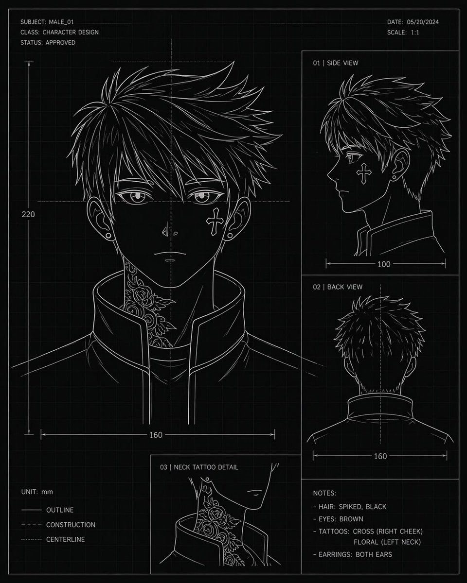 产品视觉 GPT Image 2 提示词：Anime Character Blueprint Sheet