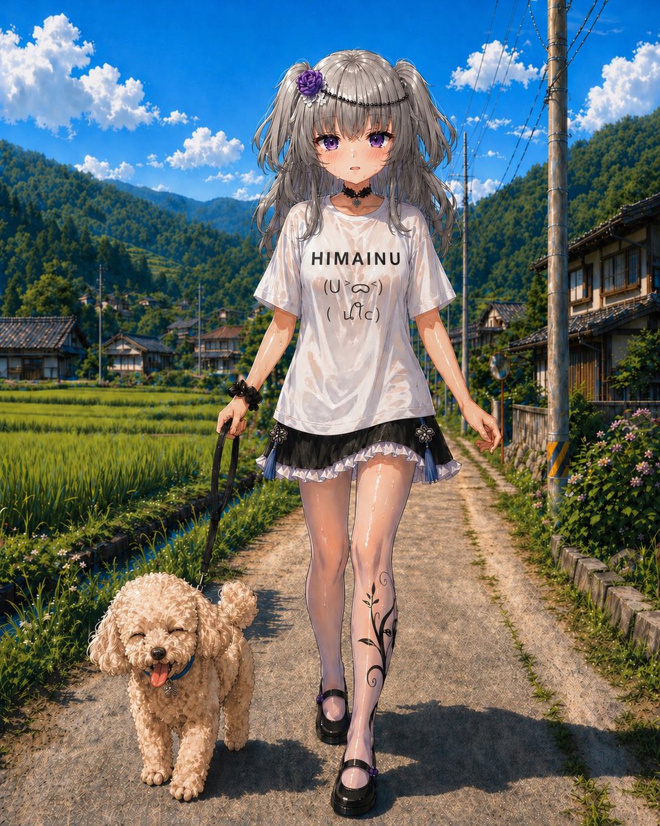 产品视觉 GPT Image 2 提示词：Anime Countryside Dog Walk T-Shirt Scene