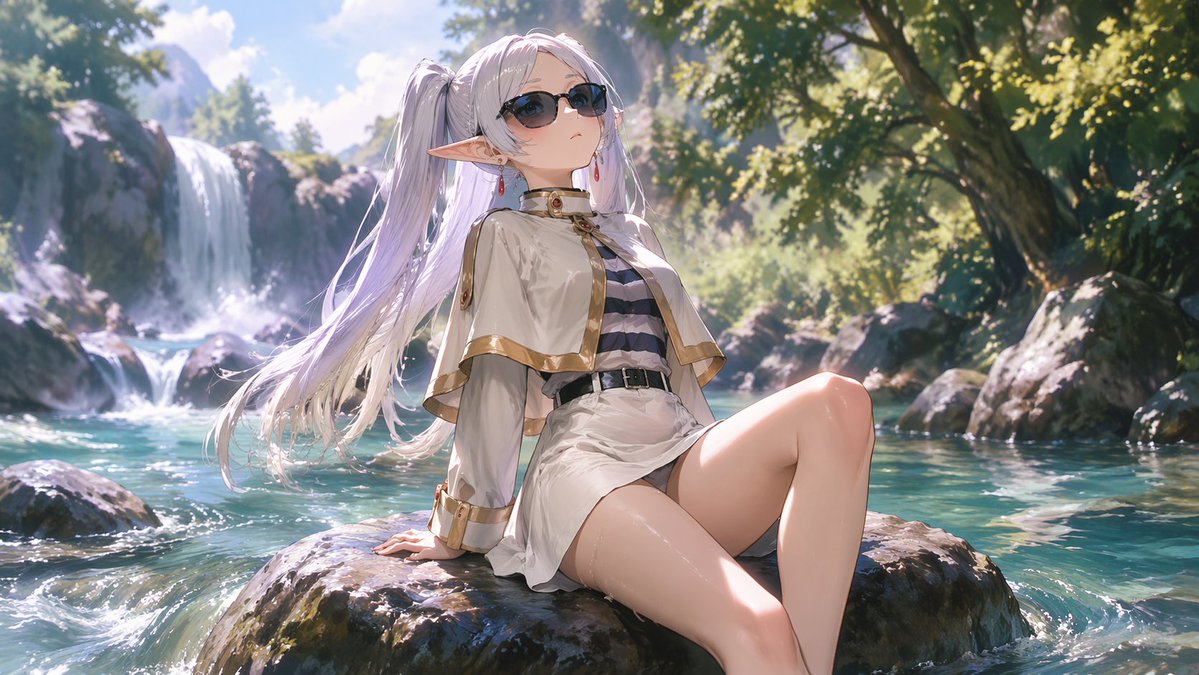 界面稿 GPT Image 2 提示词：Anime Elf Girl Relaxing in a Forest River