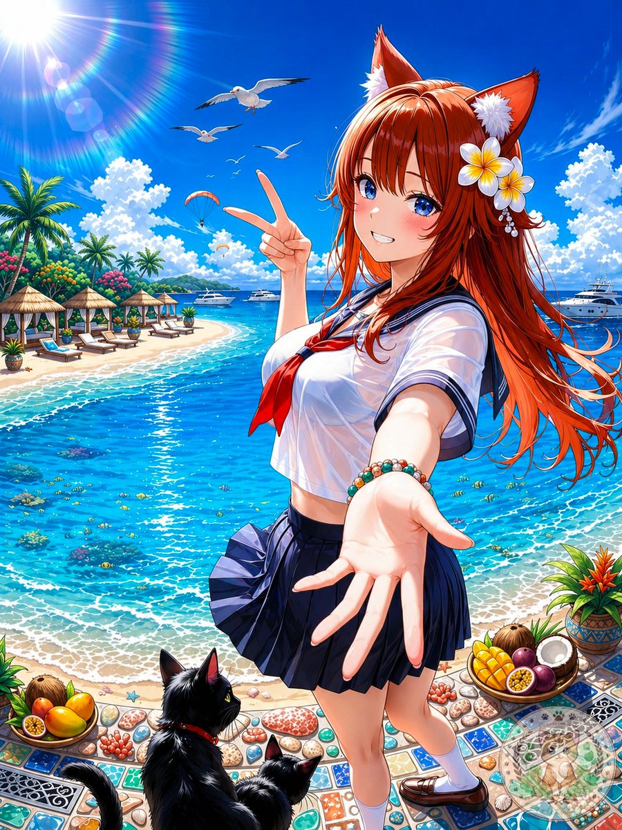 产品视觉 GPT Image 2 提示词：Anime Fox Girl at Tropical Beach