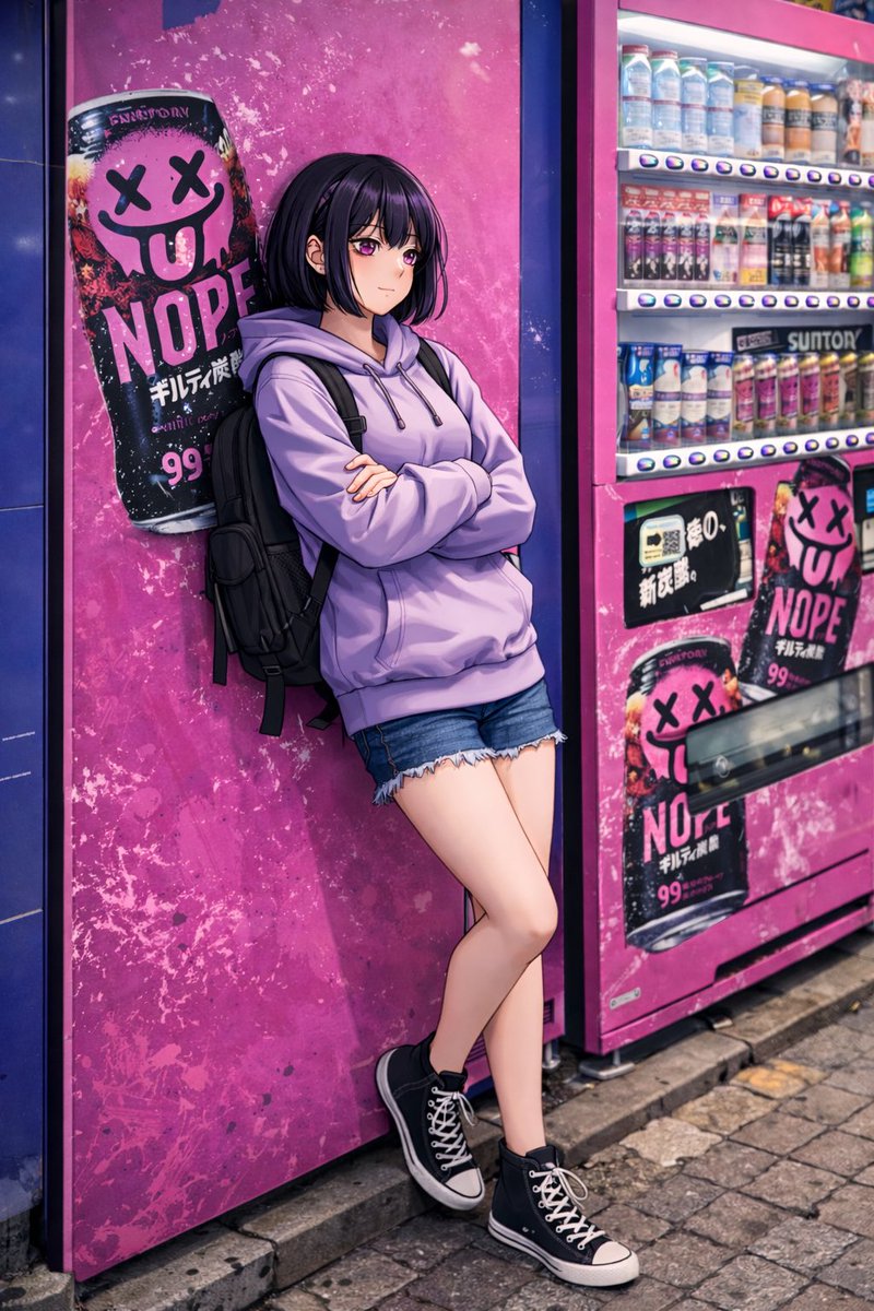 角色设定 GPT Image 2 提示词：Anime Girl Leaning on Vending Machine