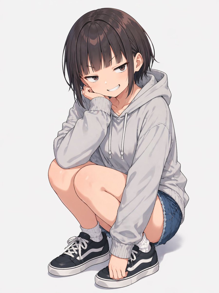 角色设定 GPT Image 2 提示词：Anime Girl Squatting in Oversized Hoodie